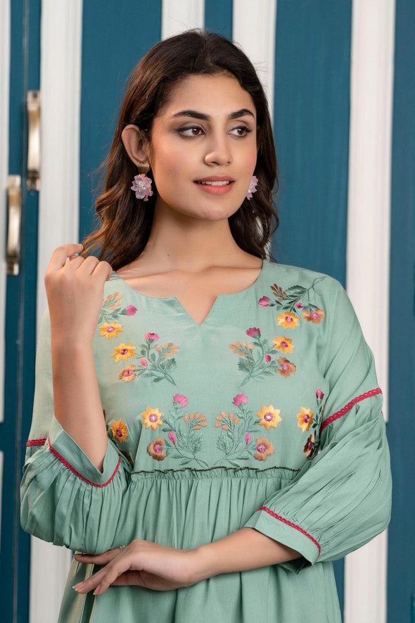 Pista Green Floral Embroidered Mini Fit and Flare Dress