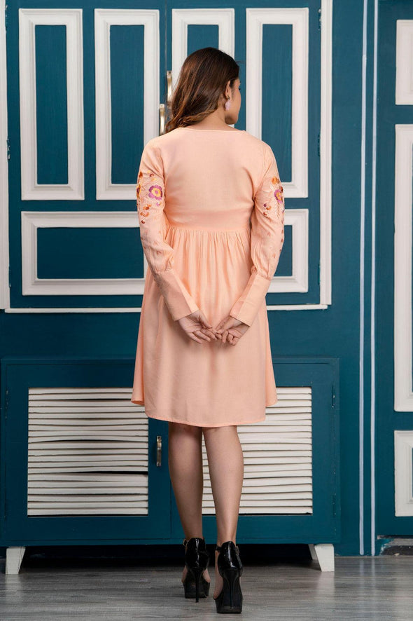 Peach Floral Embroidered Mini Fit and Flare Dress