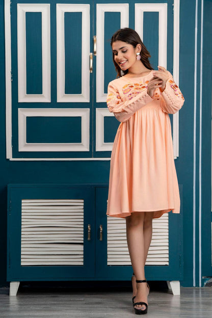 Peach Floral Embroidered Mini Fit and Flare Dress - Frionkandy