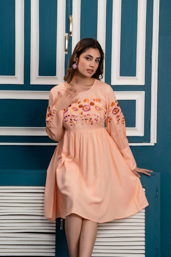 Peach Floral Embroidered Mini Fit and Flare Dress