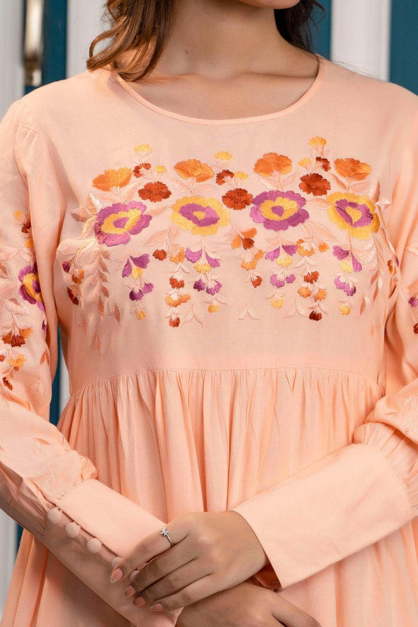 Peach Floral Embroidered Mini Fit and Flare Dress