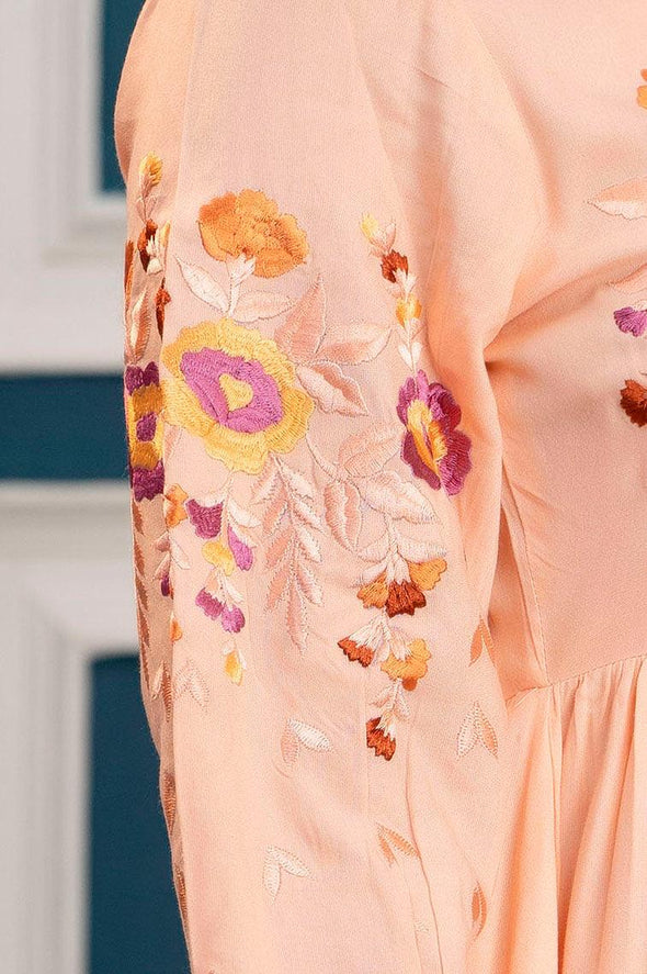 Peach Floral Embroidered Mini Fit and Flare Dress