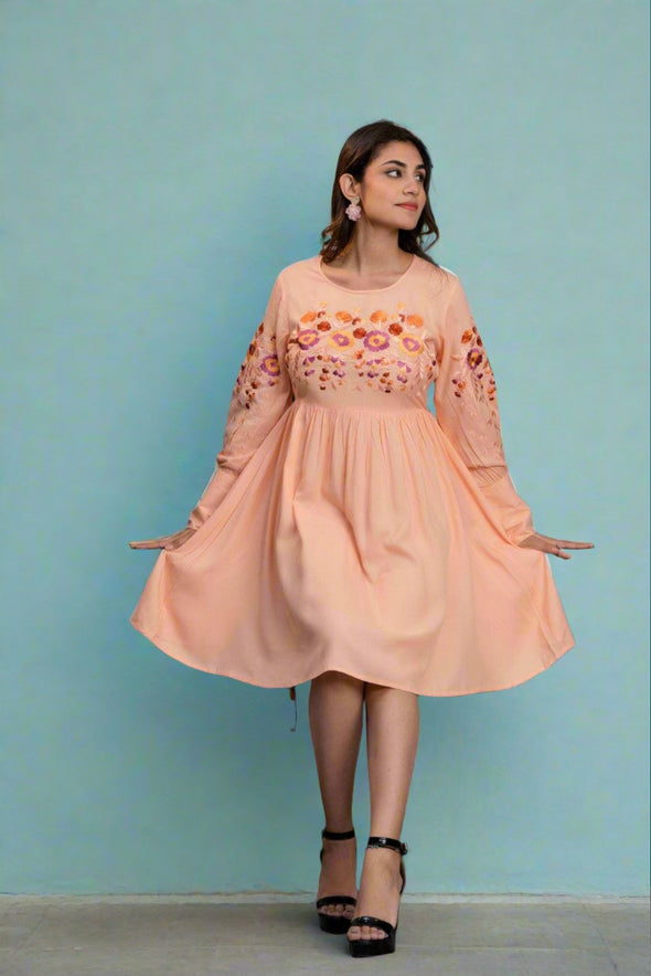 Peach Floral Embroidered Mini Fit and Flare Dress