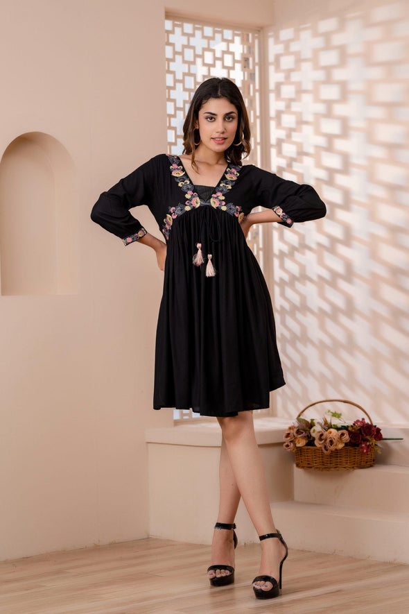 Black Floral Embroidered Mini Fit and Flare Dress