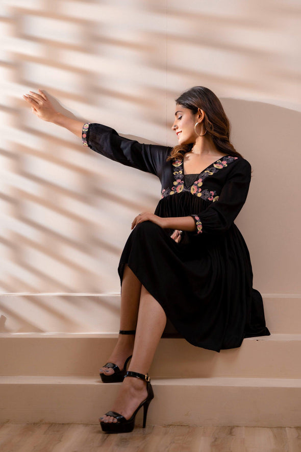 Black Floral Embroidered Mini Fit and Flare Dress