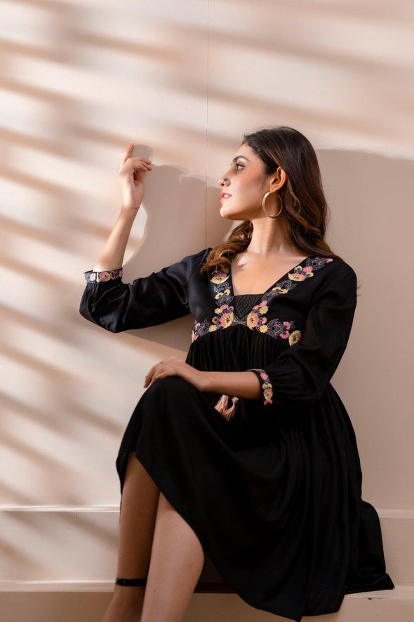 Black Floral Embroidered Mini Fit and Flare Dress