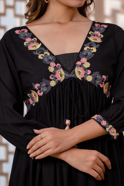 Black Floral Embroidered Mini Fit and Flare Dress - Frionkandy