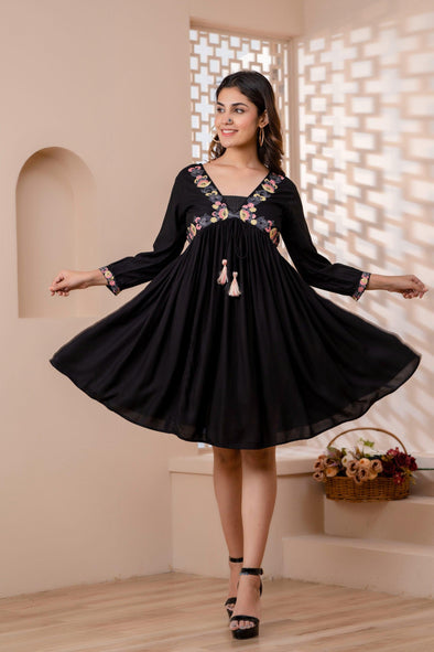 Black Floral Embroidered Mini Fit and Flare Dress