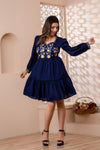 Navy Blue Floral Embroidered Mini Fit and Flare Dress