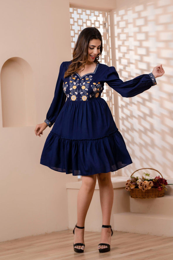 Navy Blue Floral Embroidered Mini Fit and Flare Dress