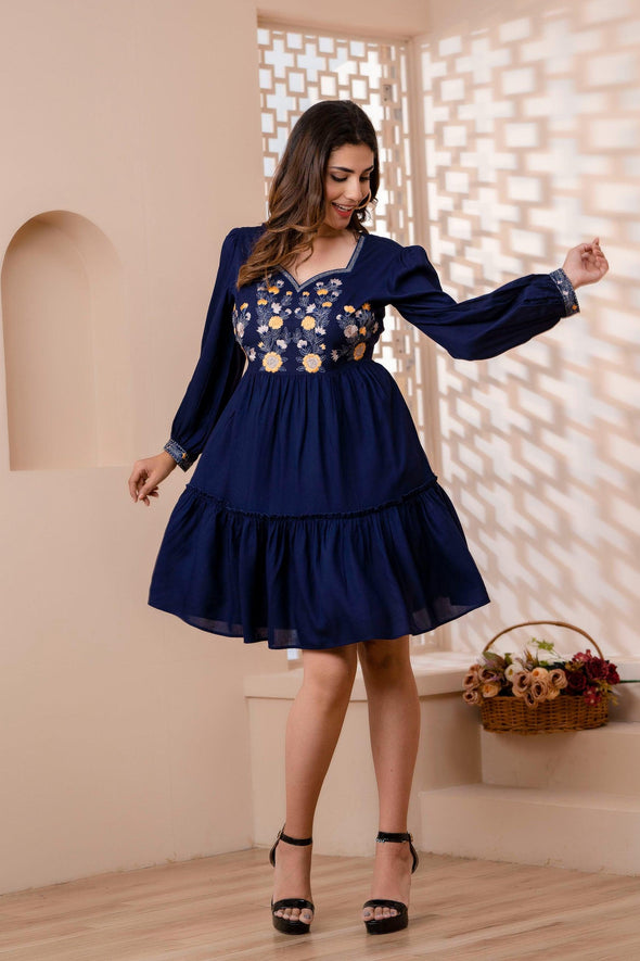Navy Blue Floral Embroidered Mini Fit and Flare Dress - Frionkandy