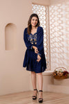 Navy Blue Floral Embroidered Mini Fit and Flare Dress - Frionkandy