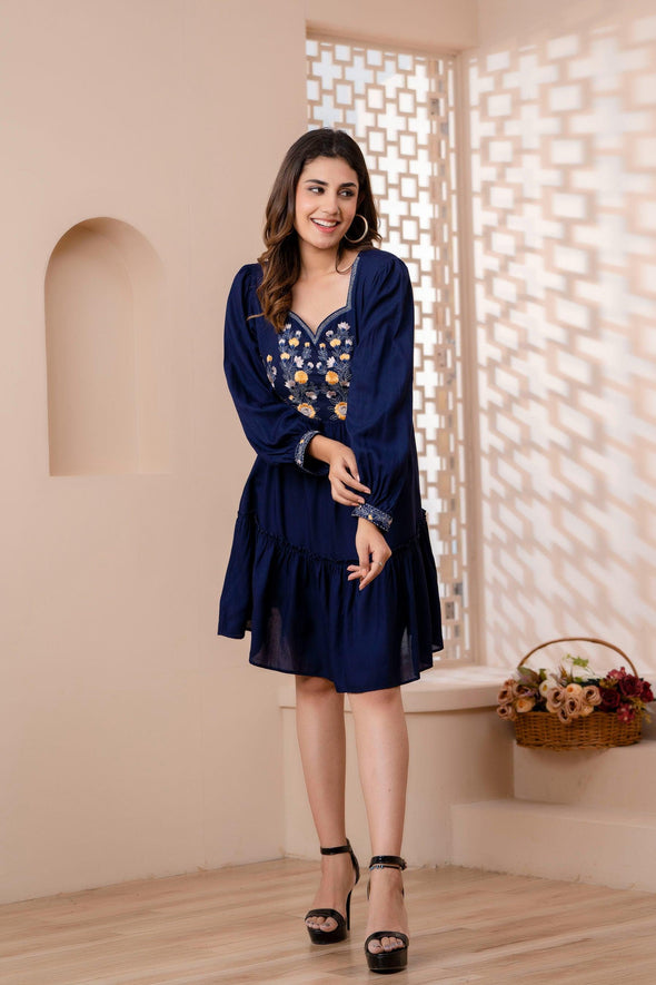 Navy Blue Floral Embroidered Mini Fit and Flare Dress - Frionkandy