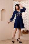 Navy Blue Floral Embroidered Mini Fit and Flare Dress
