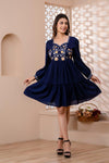 Navy Blue Floral Embroidered Mini Fit and Flare Dress - Frionkandy