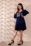 Navy Blue Floral Embroidered Mini Fit and Flare Dress
