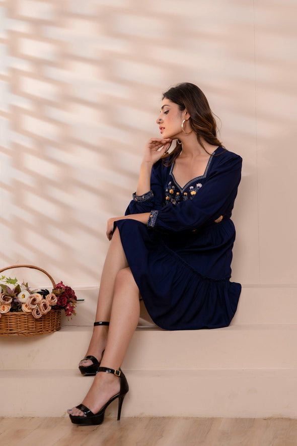 Navy Blue Floral Embroidered Mini Fit and Flare Dress