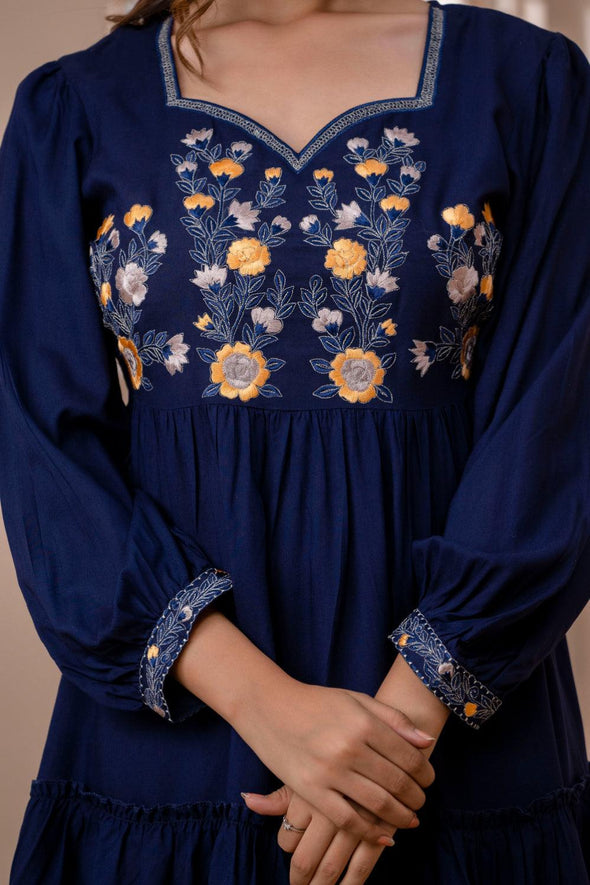 Navy Blue Floral Embroidered Mini Fit and Flare Dress
