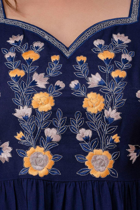 Navy Blue Floral Embroidered Mini Fit and Flare Dress