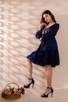 Navy Blue Floral Embroidered Mini Fit and Flare Dress
