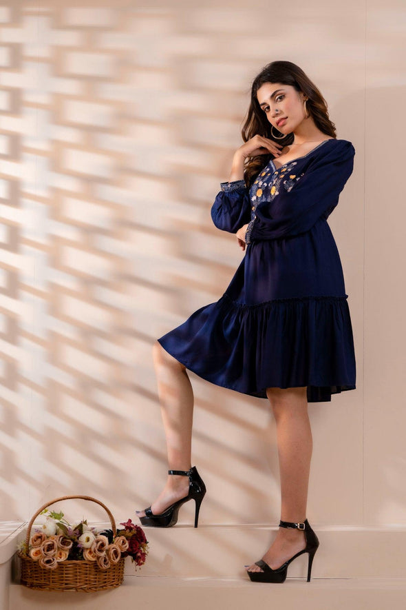 Navy Blue Floral Embroidered Mini Fit and Flare Dress