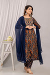 Women Navy Blue Floral Embroidered Anarkali Kurta with Trousers & Dupatta - Frionkandy