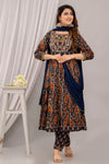 Women Navy Blue Floral Embroidered Anarkali Kurta with Trousers & Dupatta - Frionkandy