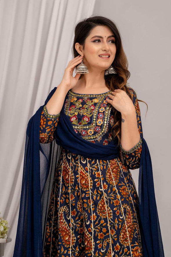 Women Navy Blue Floral Embroidered Anarkali Kurta with Trousers & Dupatta - Frionkandy