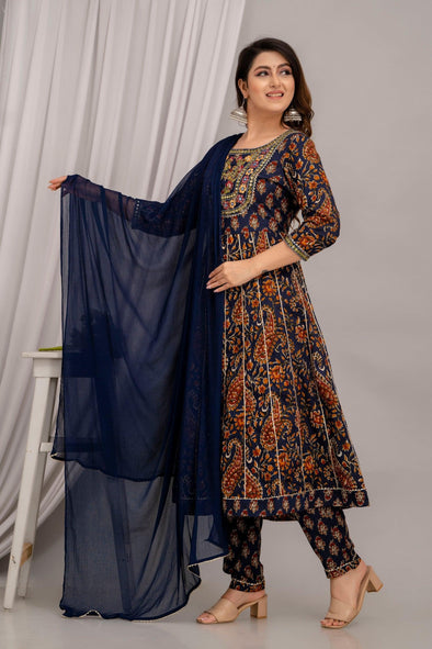 Women Navy Blue Floral Embroidered Anarkali Kurta with Trousers & Dupatta - Frionkandy
