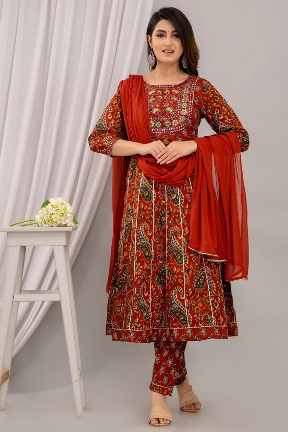 Women Maroon Floral Embroidered Anarkali Kurta with Trousers & Dupatta - Frionkandy