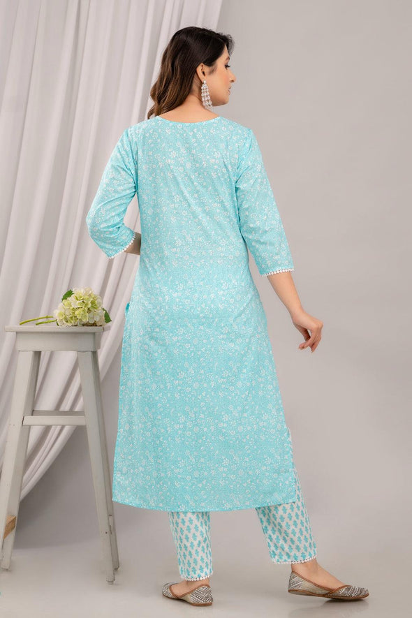 Light Blue Floral Print with Yoke Design A-Line Kurta with Trousers & Dupatta - Frionkandy