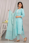 Light Blue Floral Print with Yoke Design A-Line Kurta with Trousers & Dupatta - Frionkandy