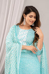 Light Blue Floral Print with Yoke Design A-Line Kurta with Trousers & Dupatta - Frionkandy