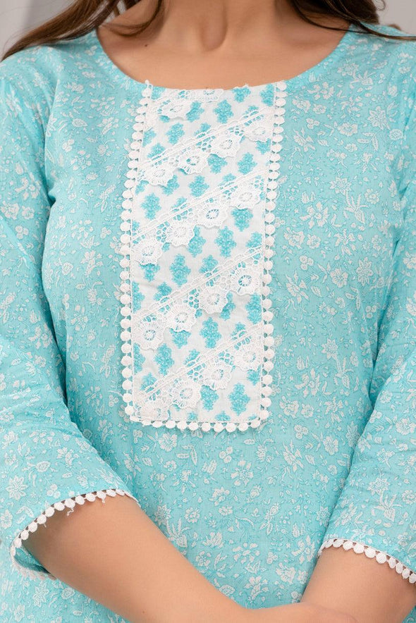 Light Blue Floral Print with Yoke Design A-Line Kurta with Trousers & Dupatta - Frionkandy