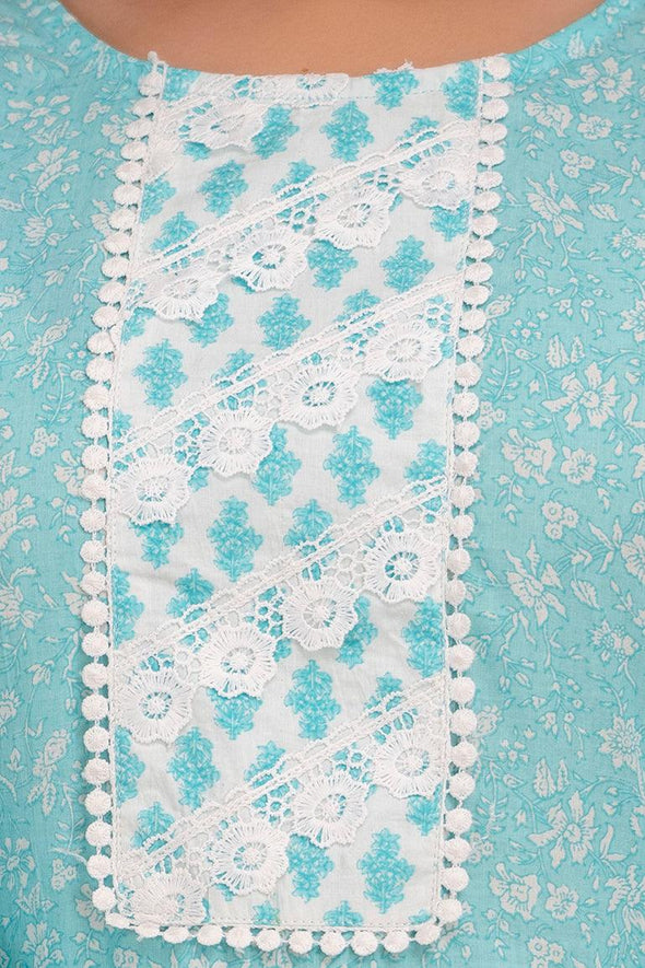 Light Blue Floral Print with Yoke Design A-Line Kurta with Trousers & Dupatta - Frionkandy