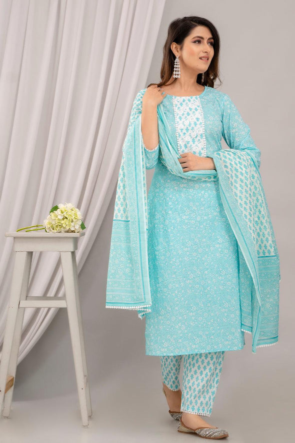 Light Blue Floral Print with Yoke Design A-Line Kurta with Trousers & Dupatta - Frionkandy