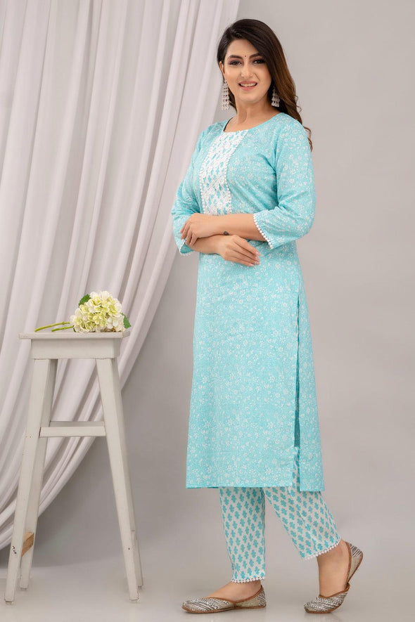 Light Blue Floral Print with Yoke Design A-Line Kurta with Trousers & Dupatta - Frionkandy