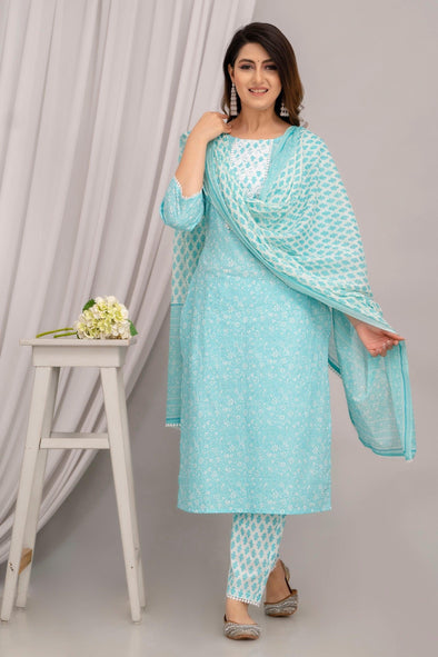 Light Blue Floral Print with Yoke Design A-Line Kurta with Trousers & Dupatta - Frionkandy