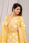 Yellow Floral Print with Yoke Design Straight Kurta with Trousers & Dupatta - Frionkandy