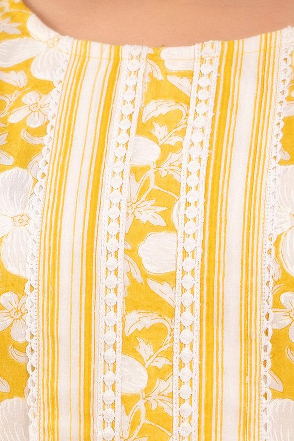 Yellow Floral Print with Yoke Design Straight Kurta with Trousers & Dupatta - Frionkandy