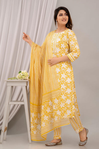 Yellow Floral Print with Yoke Design Straight Kurta with Trousers & Dupatta