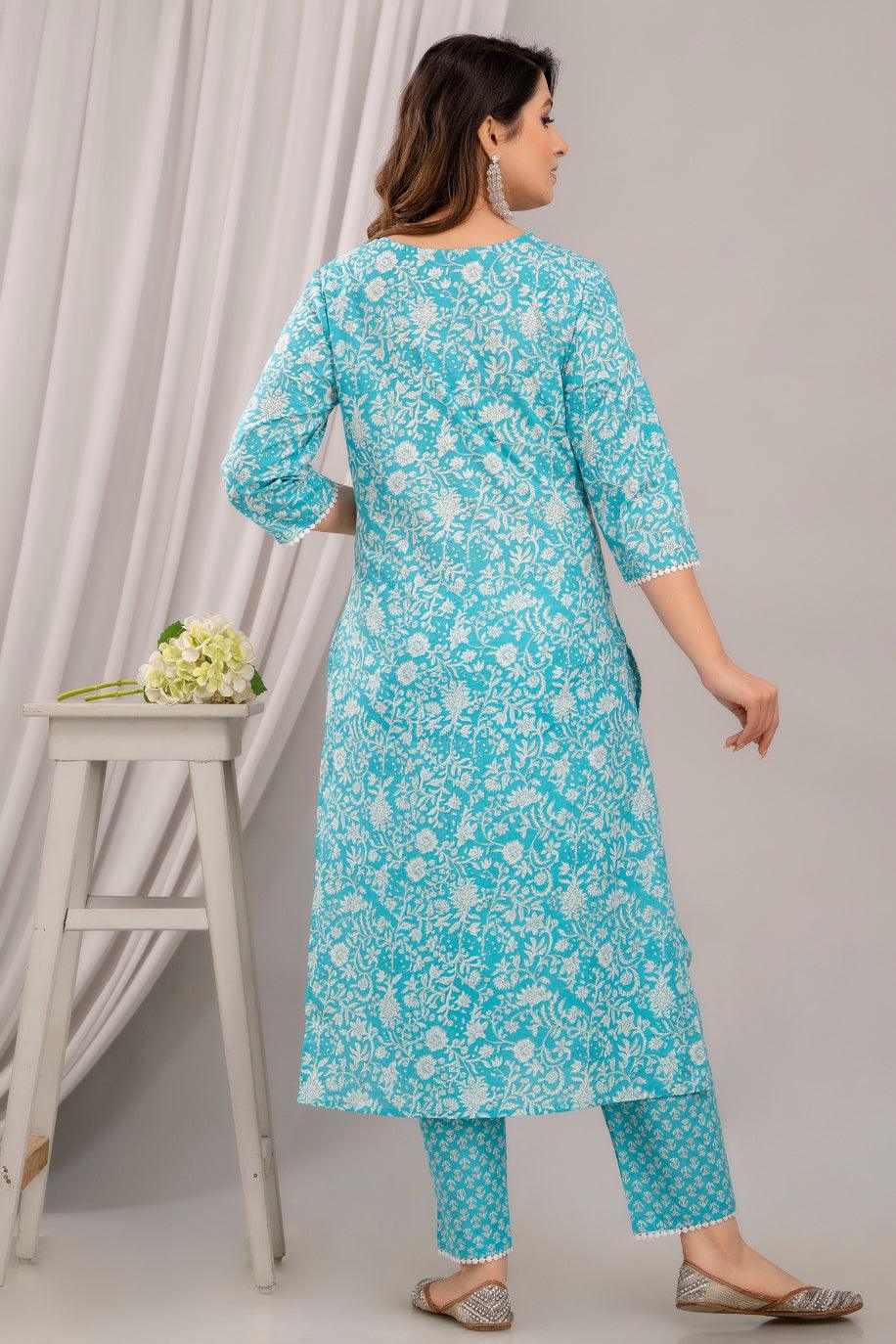 Light Blue Floral Print with Yoke Design Straight Kurta with Trousers & Dupatta - Frionkandy