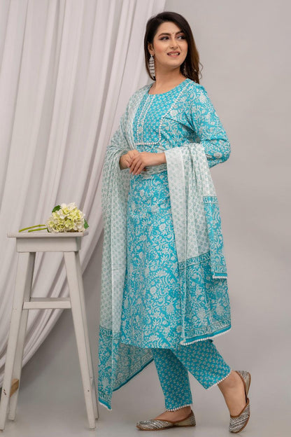 Light Blue Floral Print with Yoke Design Straight Kurta with Trousers & Dupatta - Frionkandy