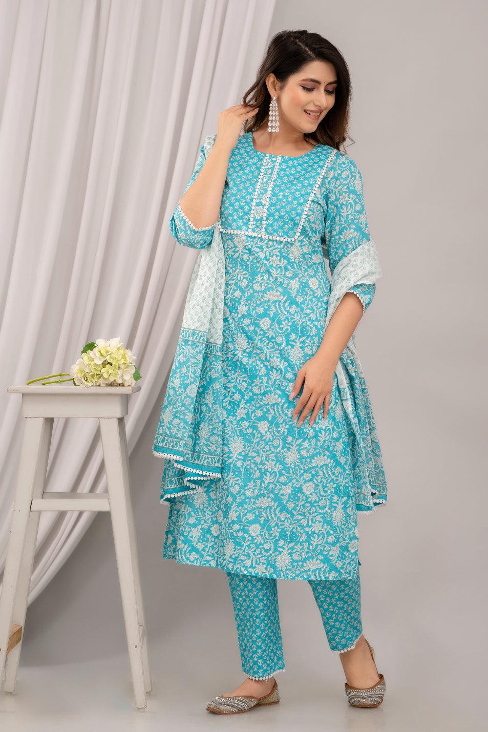 Light Blue Floral Print with Yoke Design Straight Kurta with Trousers & Dupatta - Frionkandy