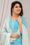 Light Blue Floral Print with Yoke Design Straight Kurta with Trousers & Dupatta - Frionkandy