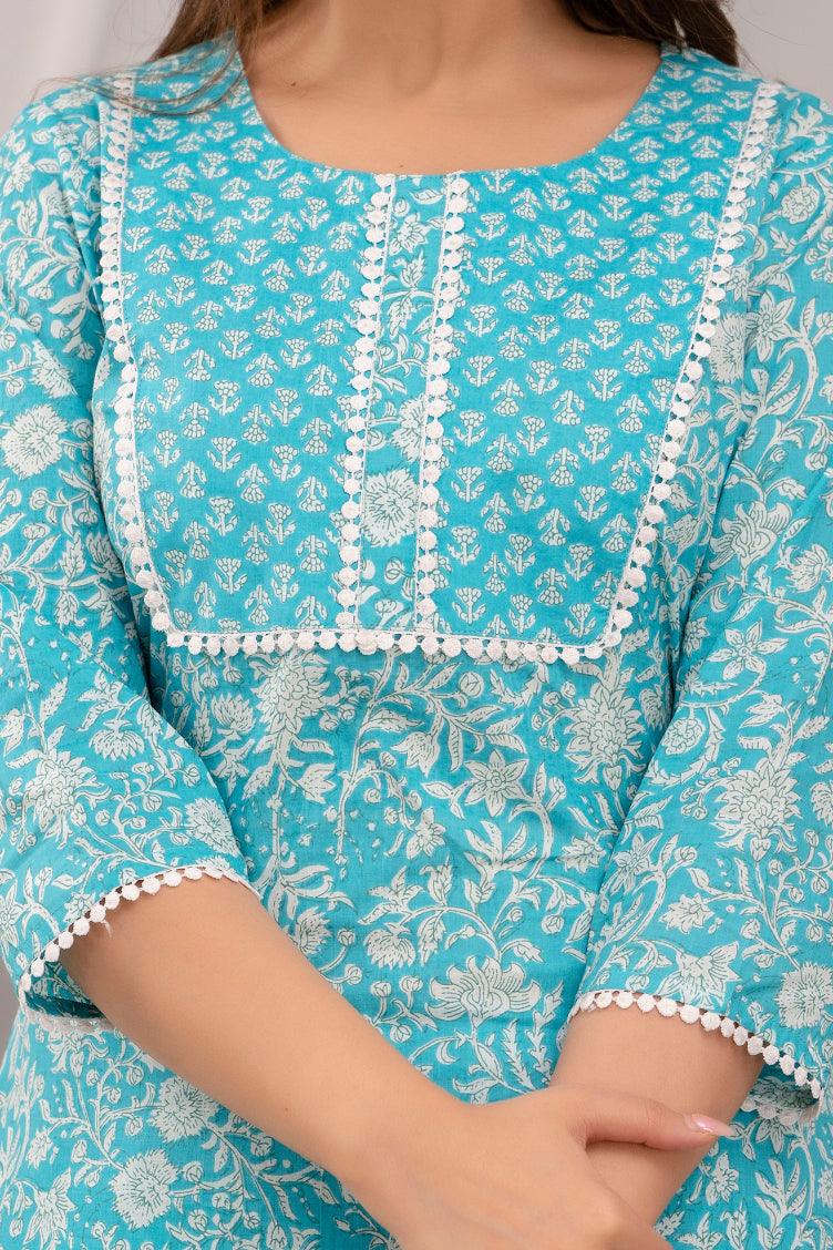 Light Blue Floral Print with Yoke Design Straight Kurta with Trousers & Dupatta - Frionkandy