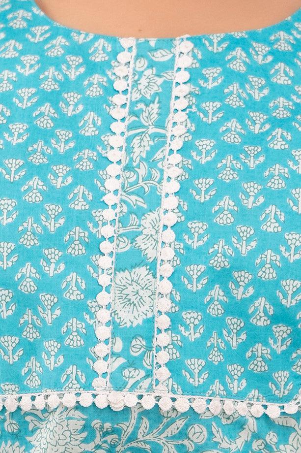 Light Blue Floral Print with Yoke Design Straight Kurta with Trousers & Dupatta - Frionkandy