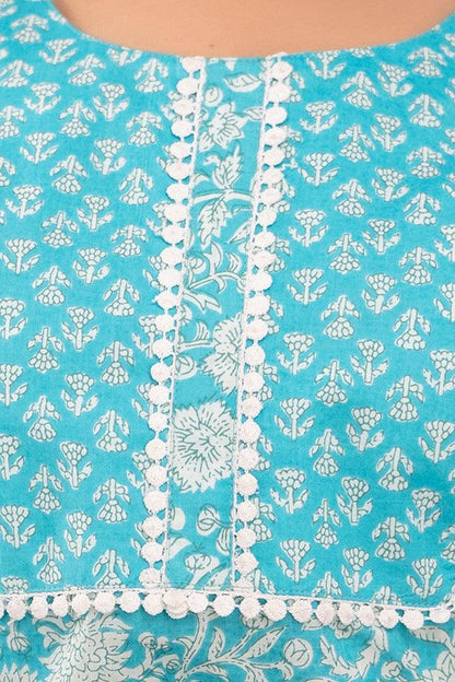 Light Blue Floral Print with Yoke Design Straight Kurta with Trousers & Dupatta - Frionkandy