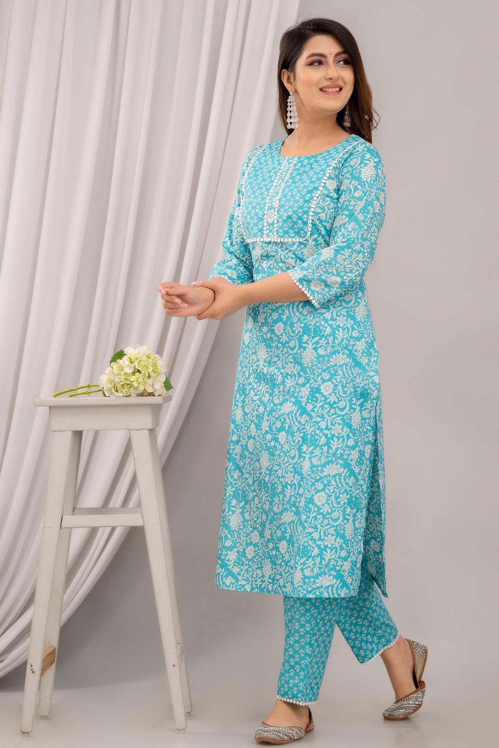 Light Blue Floral Print with Yoke Design Straight Kurta with Trousers & Dupatta - Frionkandy