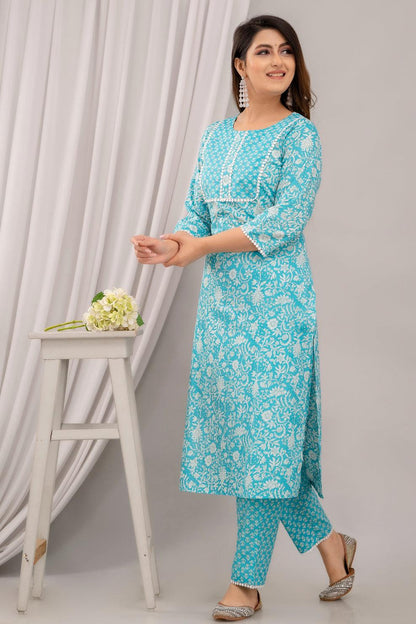 Light Blue Floral Print with Yoke Design Straight Kurta with Trousers & Dupatta - Frionkandy